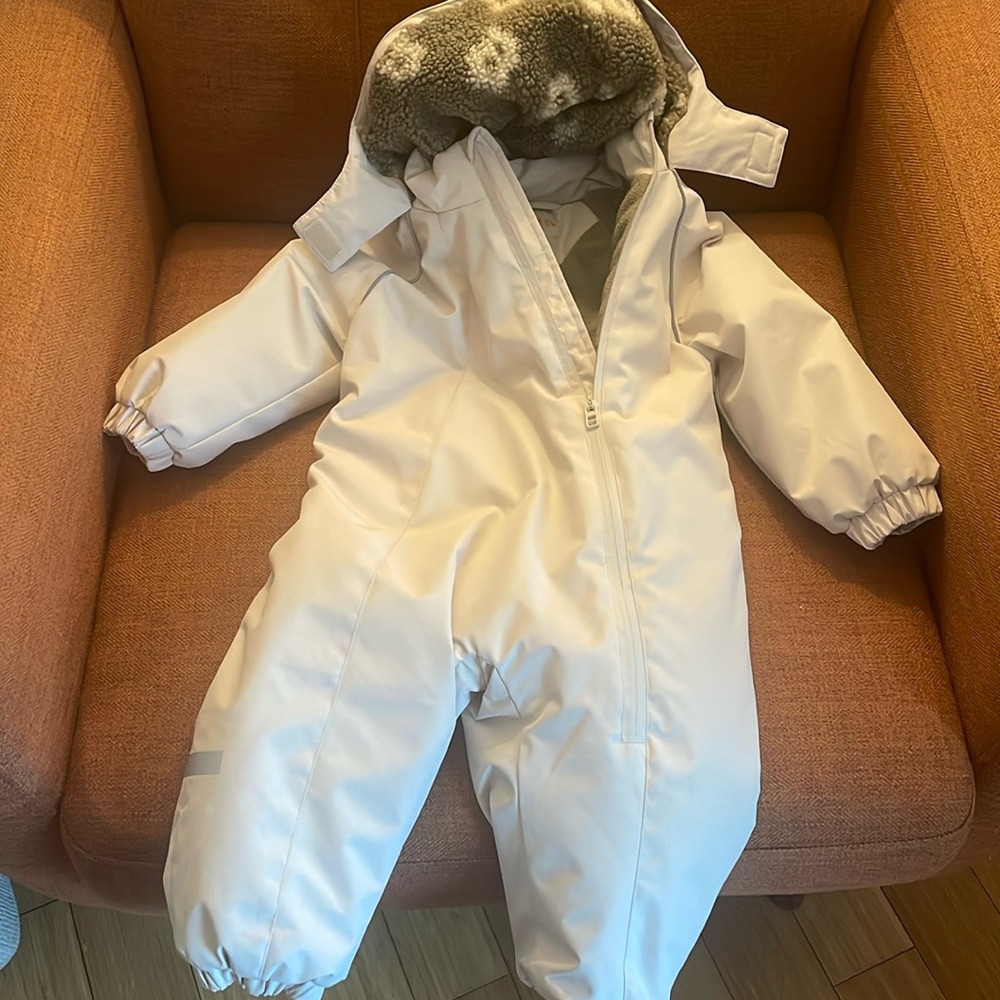 Beige and silver toddler snowsuit, size 12-18 in very great condition